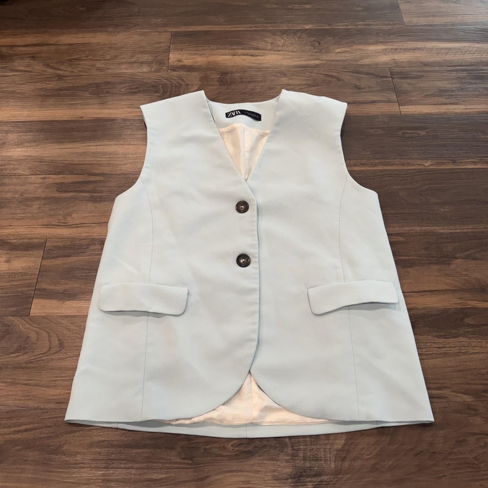 Zara Vest Womens Medium Blue Sleeveless Button Front Lined Pockets